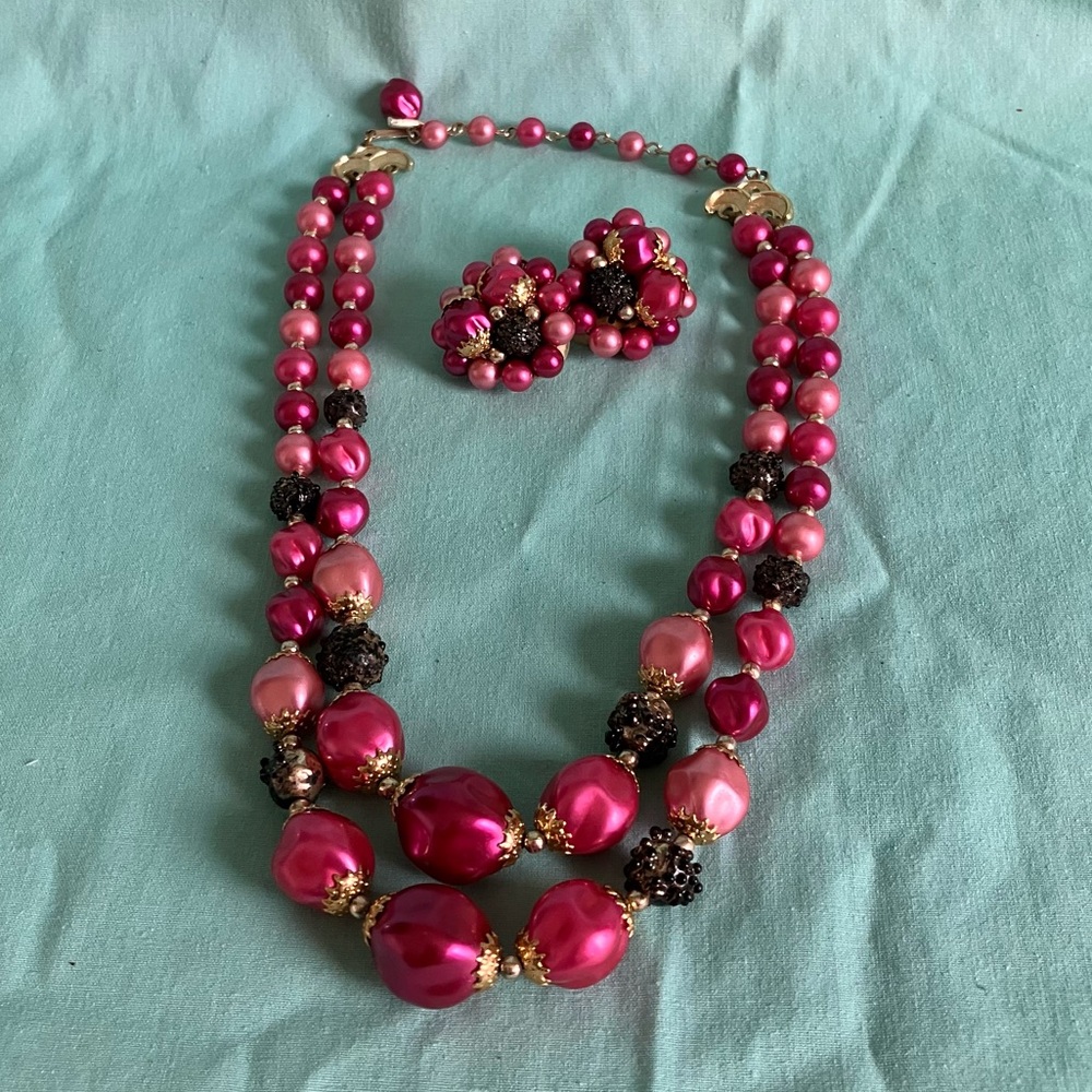 Vintage Pink Bead Necklace & Earring Set